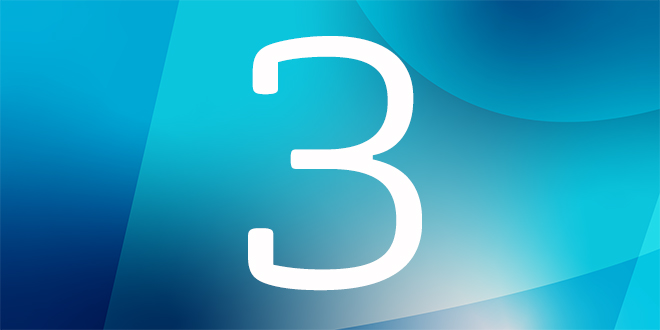 The digit 3 in white, against an abstract blue background.